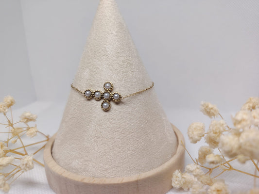 Bracelet Croix Perlée – Acier Inoxydable Doré