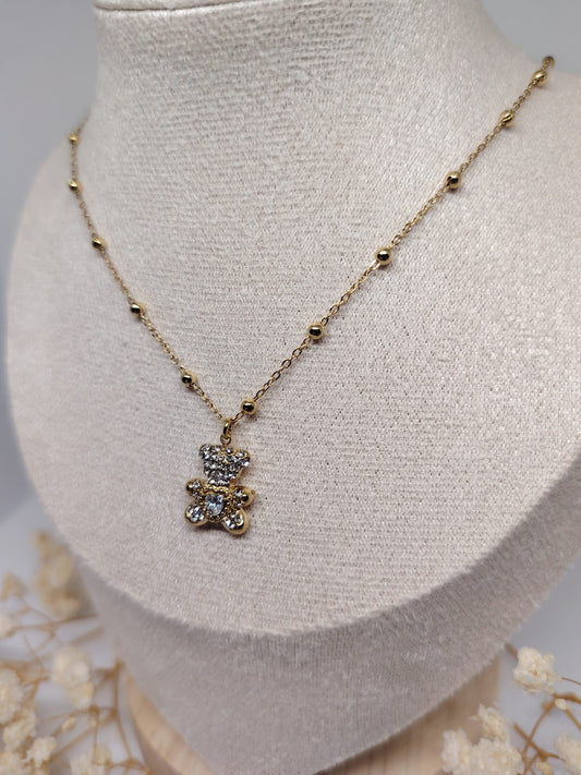 Collier Enfant Ourson à Strass Doré – Acier Inoxydable