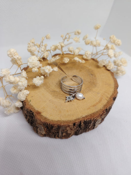 Bague multi-anneaux avec perle & étoile – Acier inoxydable