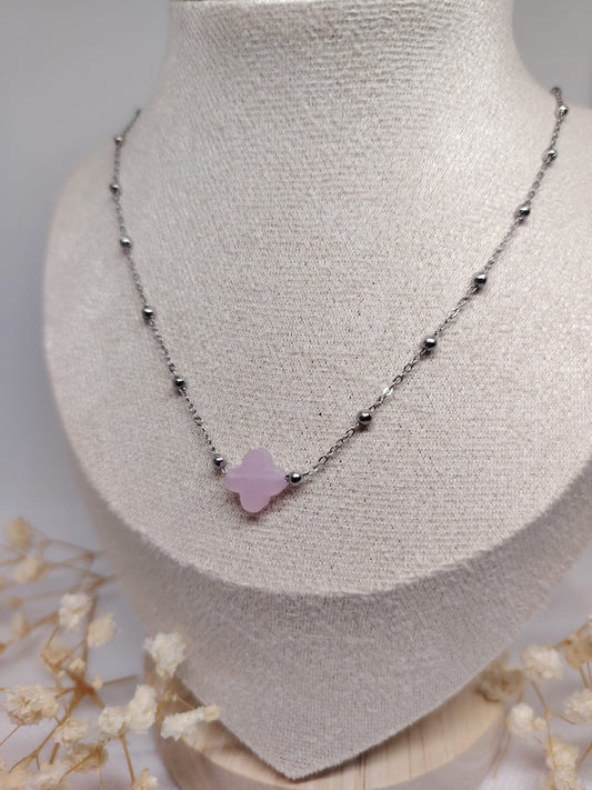 Collier Trèfle Pierre Verte en Acier Inoxydable Argenté