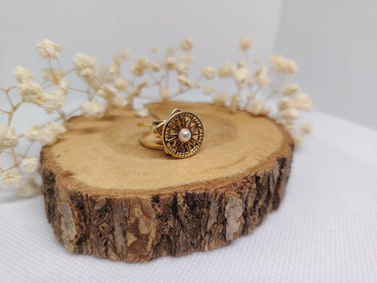 Bague Rotative Anti-Stress Soleil & Perle – Acier Inoxydable Doré