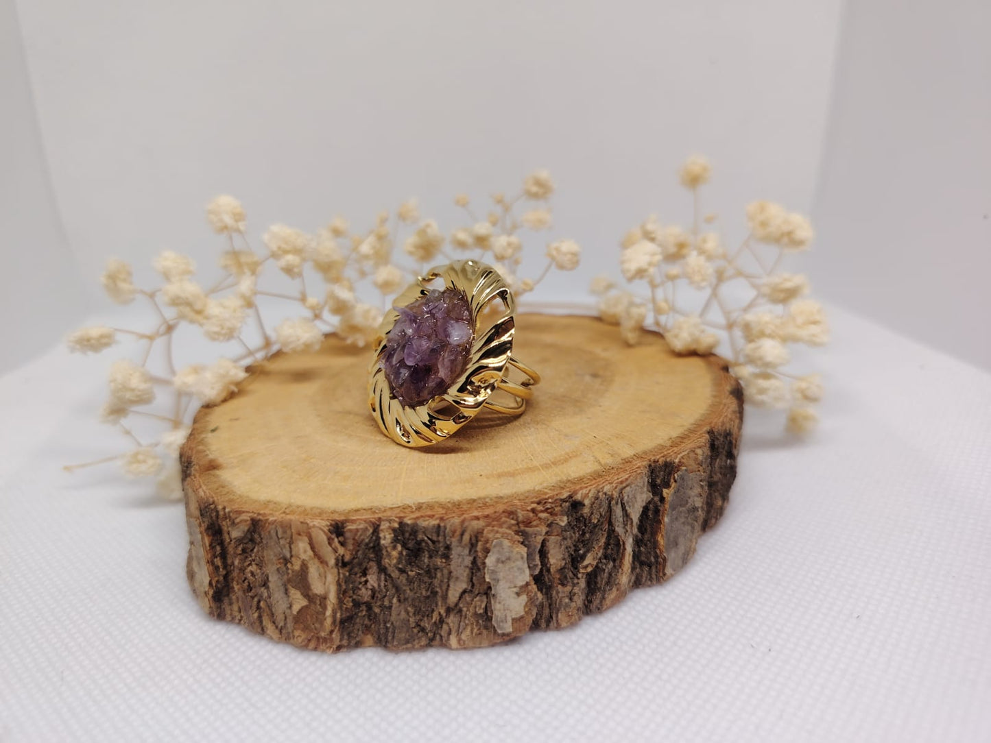 Bague dorée à pierre d’améthyste – Acier inoxydable