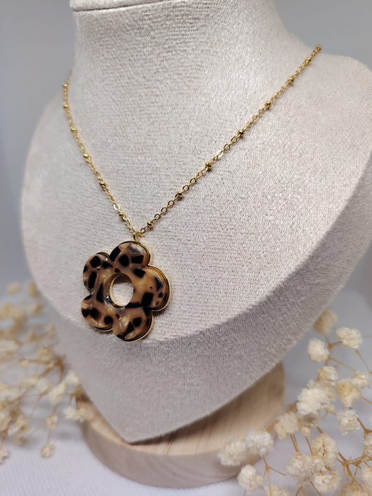 Collier Fleur effet léopard – Acier inoxydable