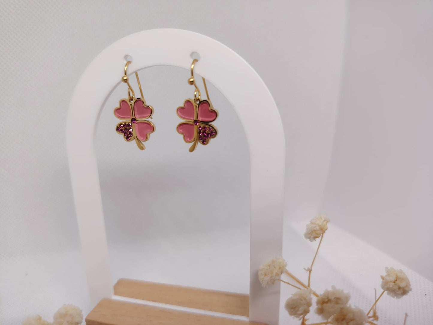Boucles d’oreilles Trèfle Rose – Acier Inoxydable