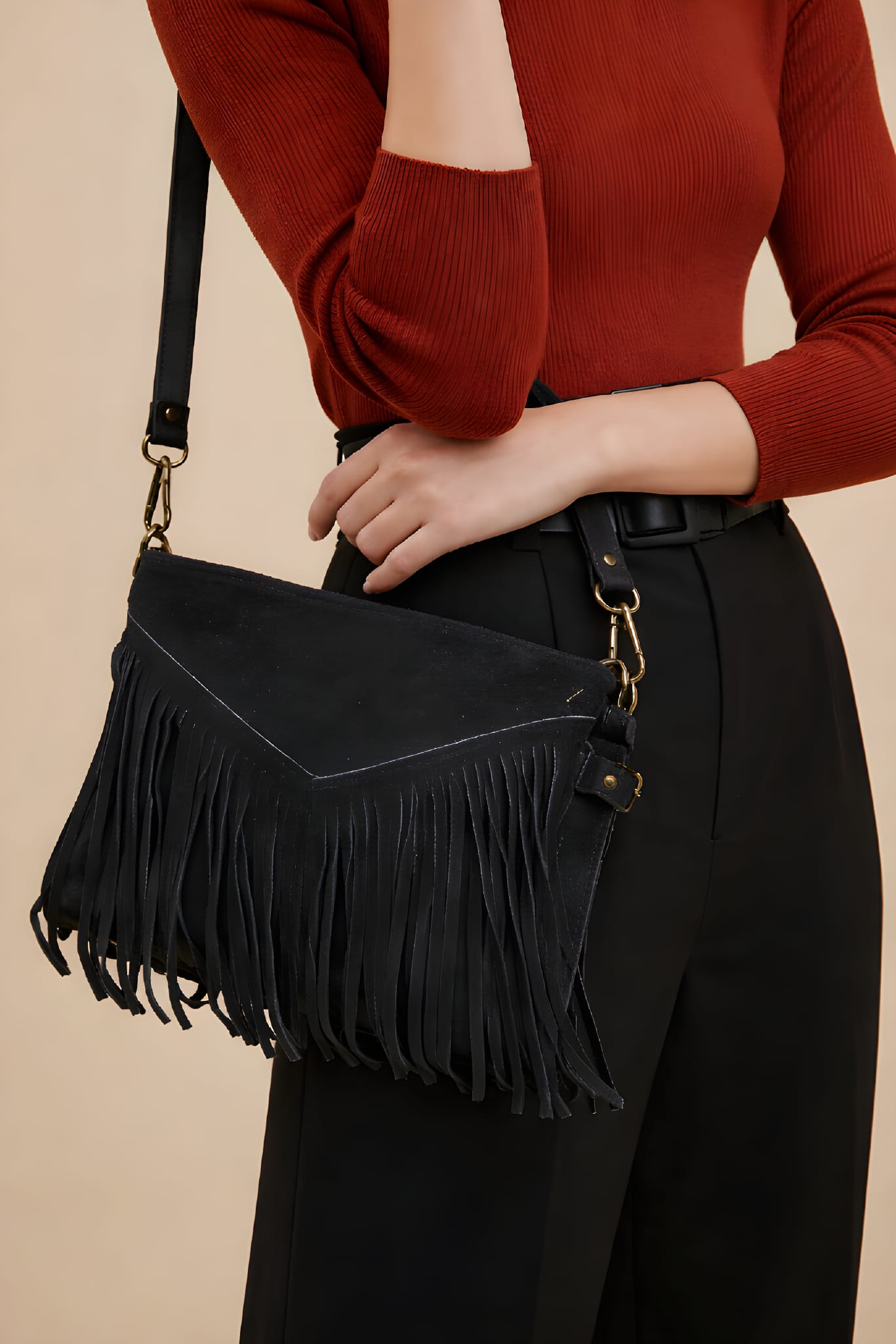 Sac bandoulière femme à franges en cuir suédé 100 % italien – Style bohème chic