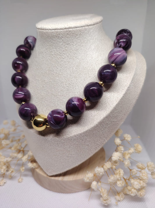 Collier perles violettes en acier inoxydable