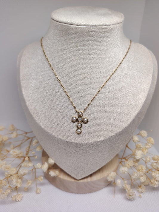 Collier Croix Perles – Acier inoxydable