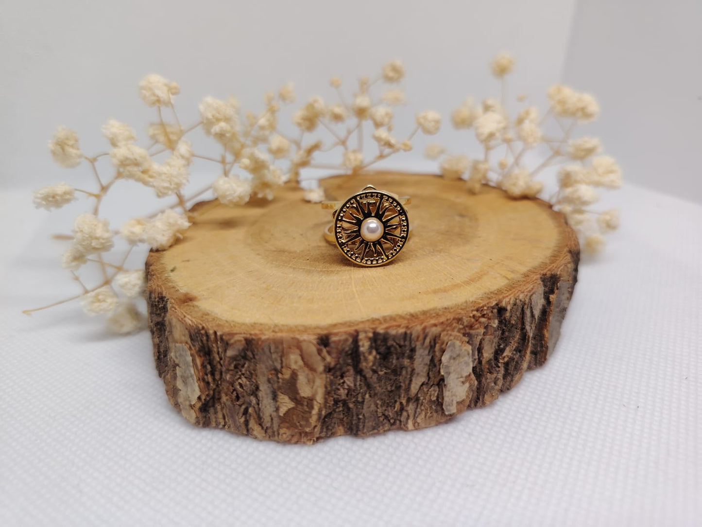 Bague Rotative Anti-Stress Soleil & Perle – Acier Inoxydable Doré