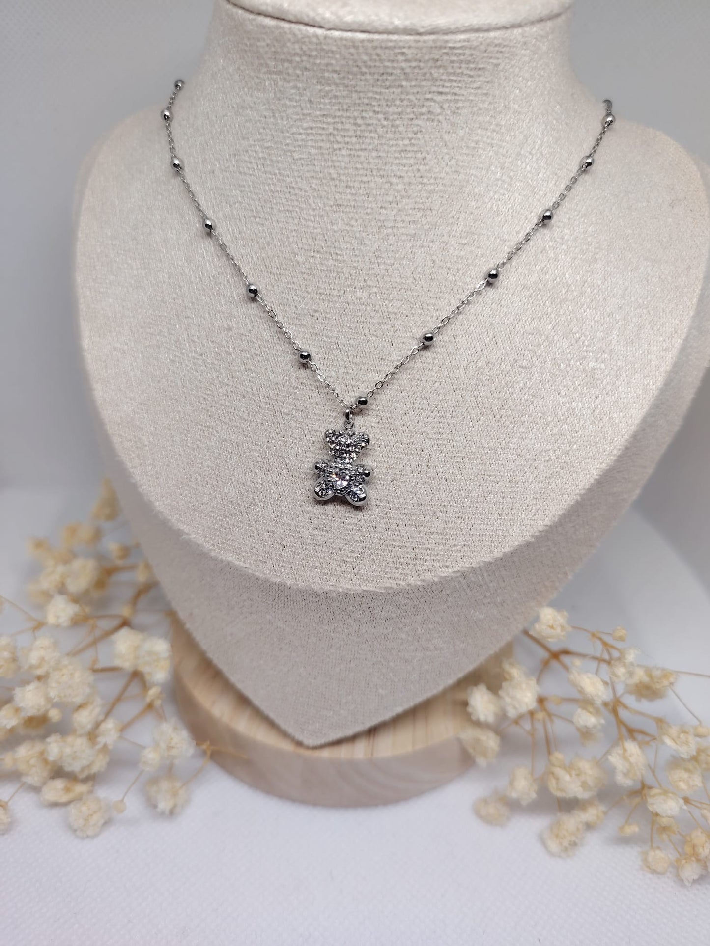 Collier Enfant Ourson Strass Argenté – Acier Inoxydable