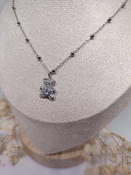 Collier Enfant Ourson Strass Argenté – Acier Inoxydable