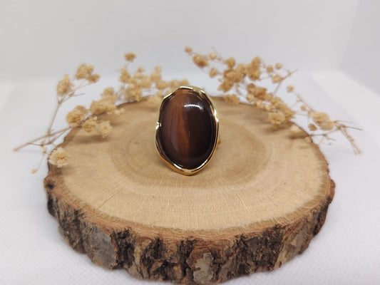 Bague Dorée à Pierre Marron – Acier Inoxydable