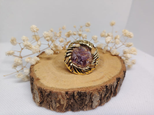 Bague dorée à pierre d’améthyste – Acier inoxydable