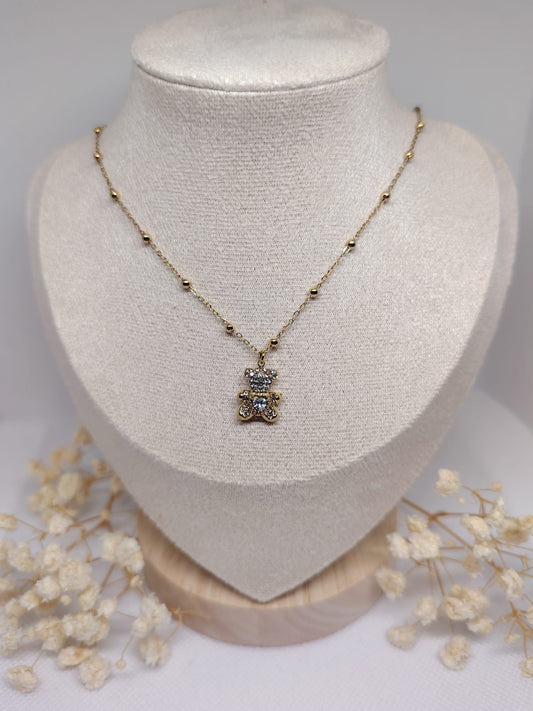 Collier Enfant Ourson à Strass Doré – Acier Inoxydable
