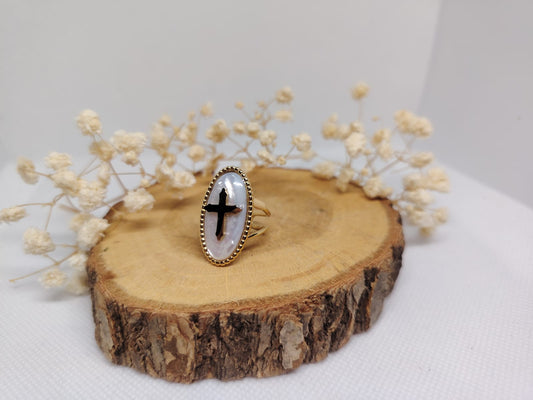 Bague Croix Dorée en Acier Inoxydable