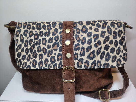 Sac bandoulière femme en cuir suédé 100 % italien – Motif léopard