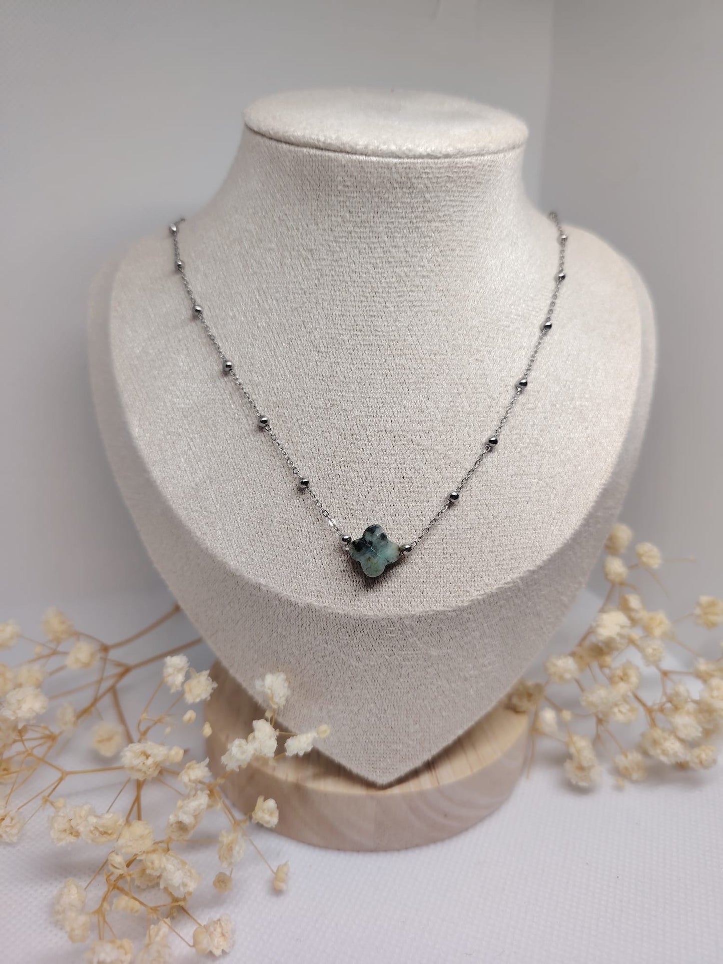 Collier Trèfle Pierre Verte en Acier Inoxydable Argenté