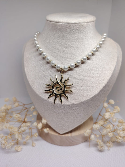 Collier Perles & Soleil Spirale – Acier inoxydable