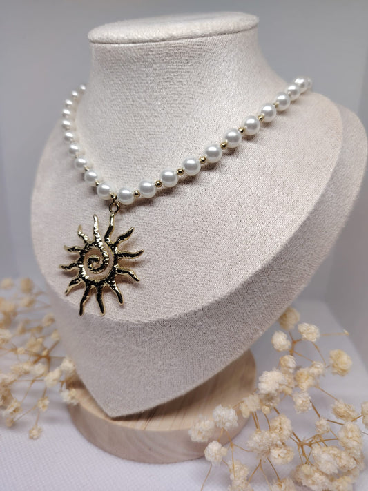 Collier Perles & Soleil Spirale – Acier inoxydable