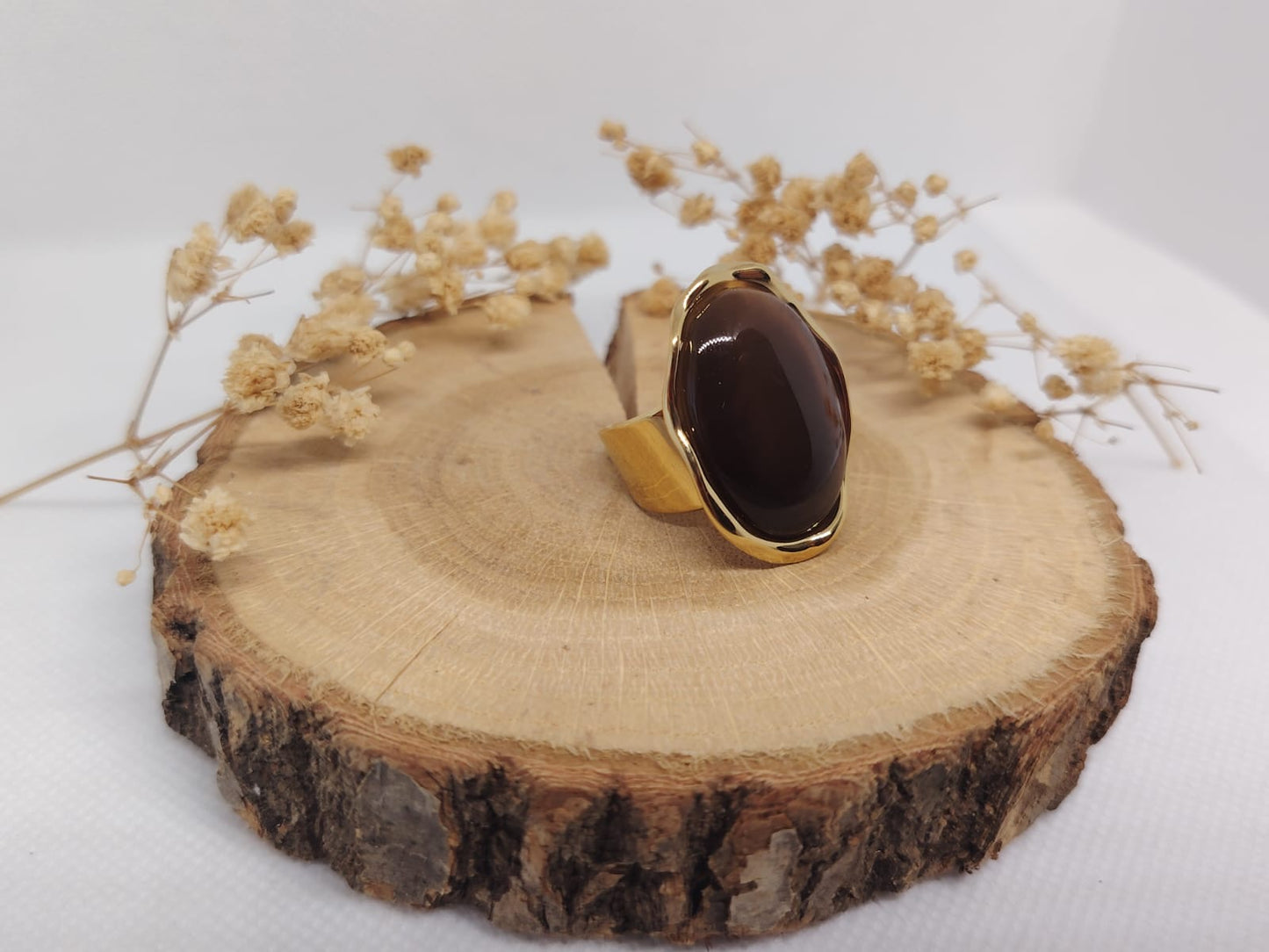 Bague Dorée à Pierre Marron – Acier Inoxydable