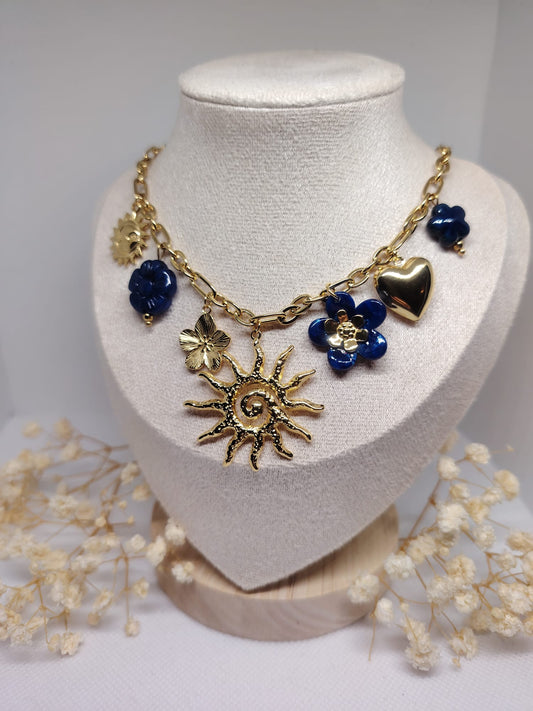 Collier Charms Soleil & Fleurs Bleues – Acier inoxydable