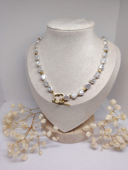 Collier Perles Cœur & Fermoir Fleur – Acier inoxydable