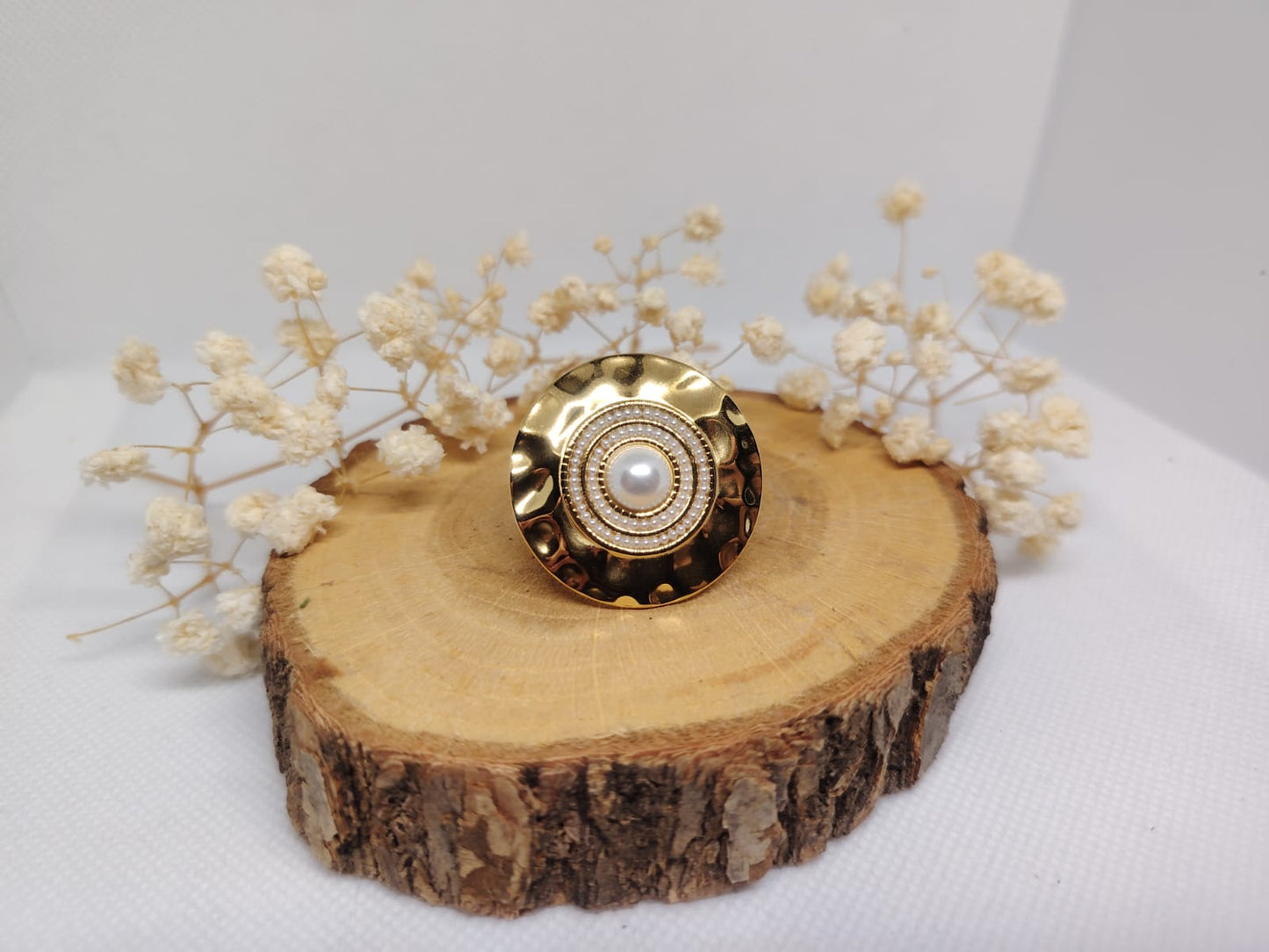 Bague Dorée à Perle – Acier Inoxydable