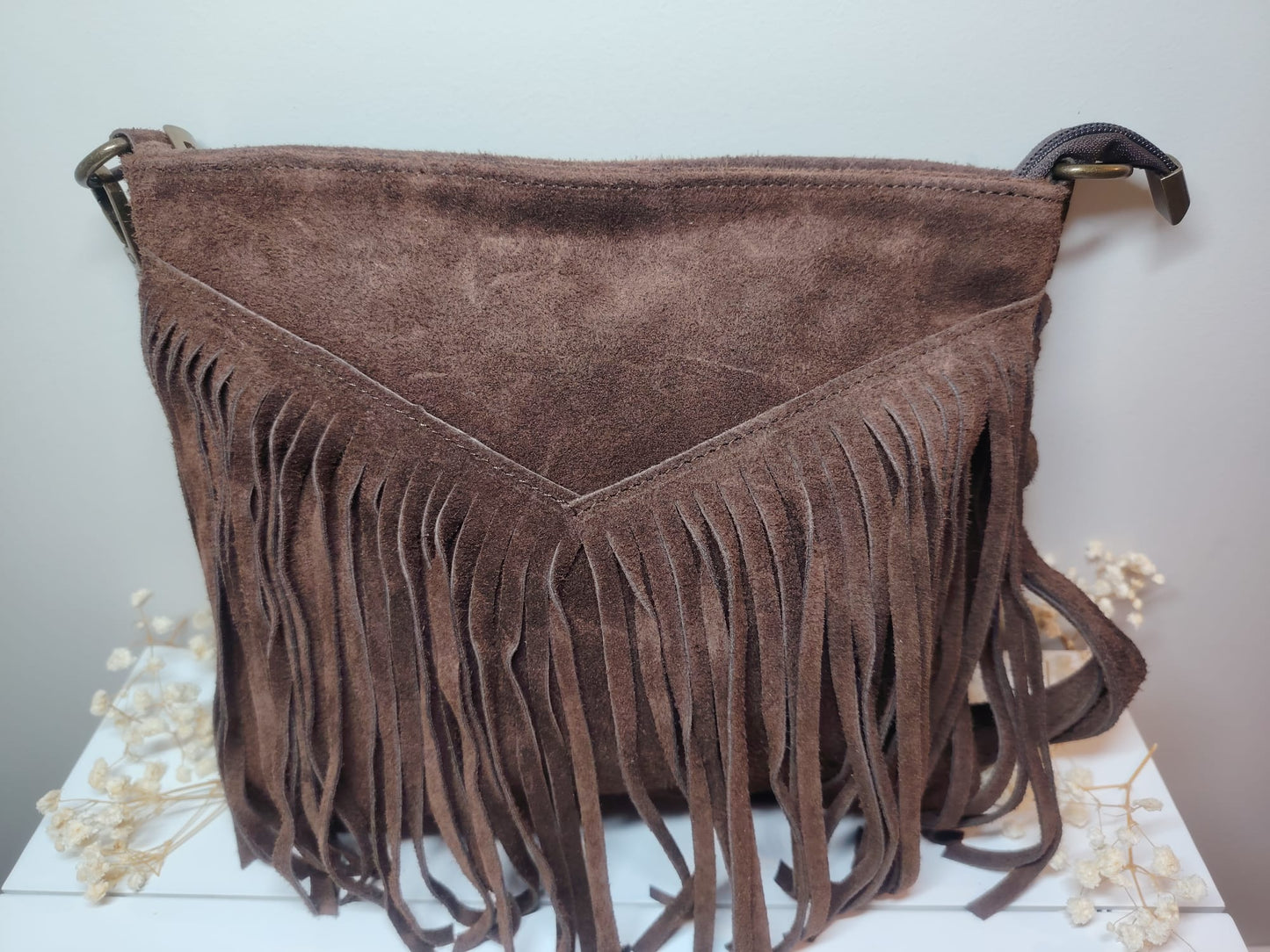 Sac bandoulière femme à franges en cuir suédé 100 % italien – Style bohème chic