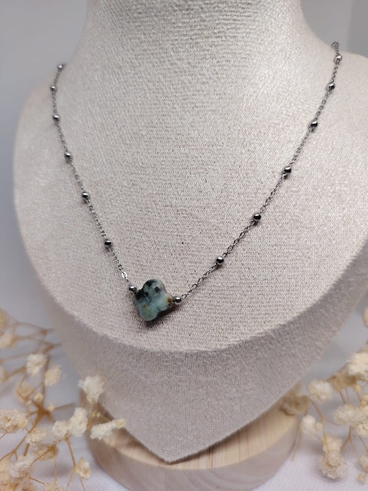 Collier Trèfle Pierre Verte en Acier Inoxydable Argenté
