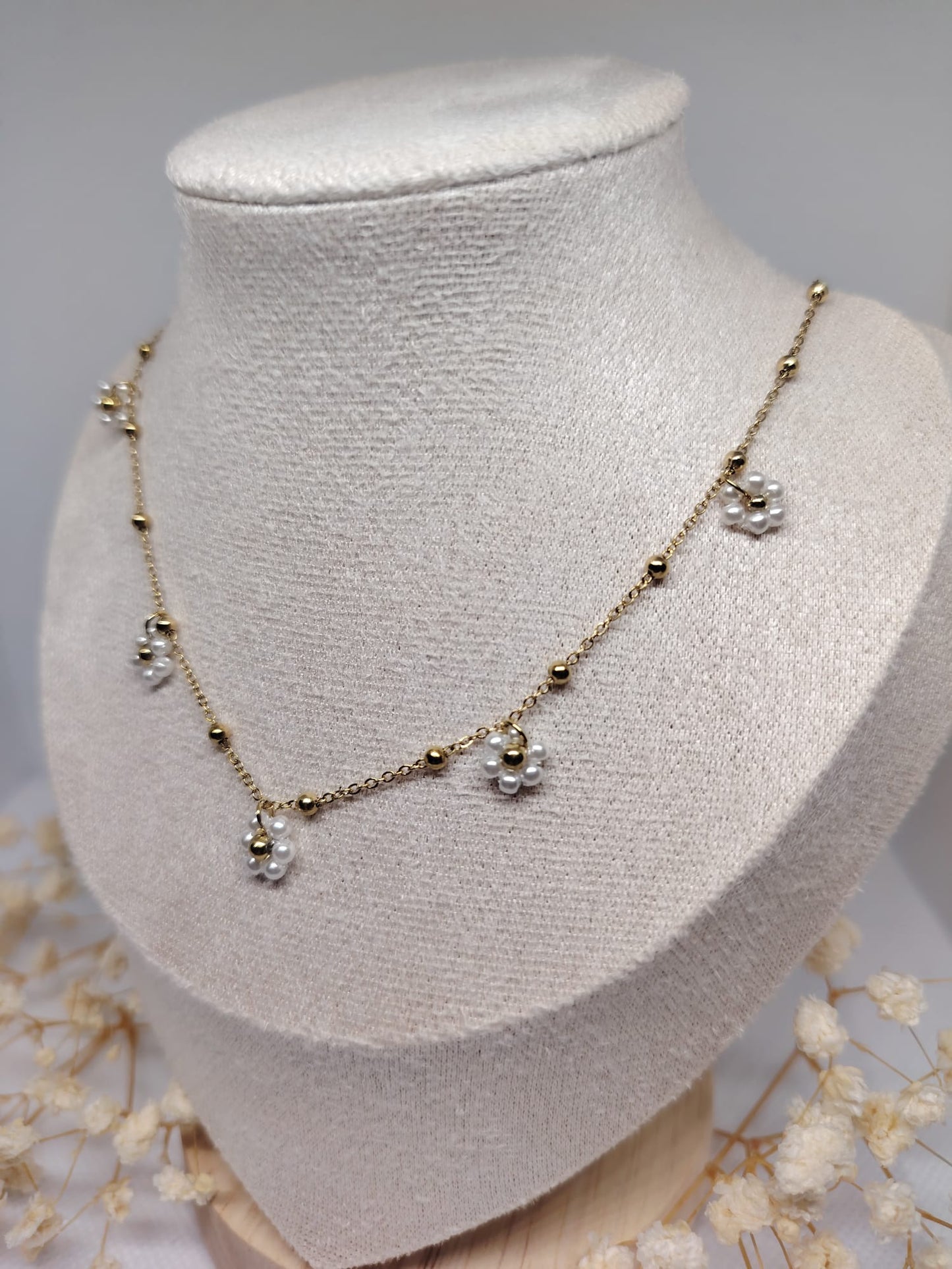 Collier Perles Fleur – Acier inoxydable