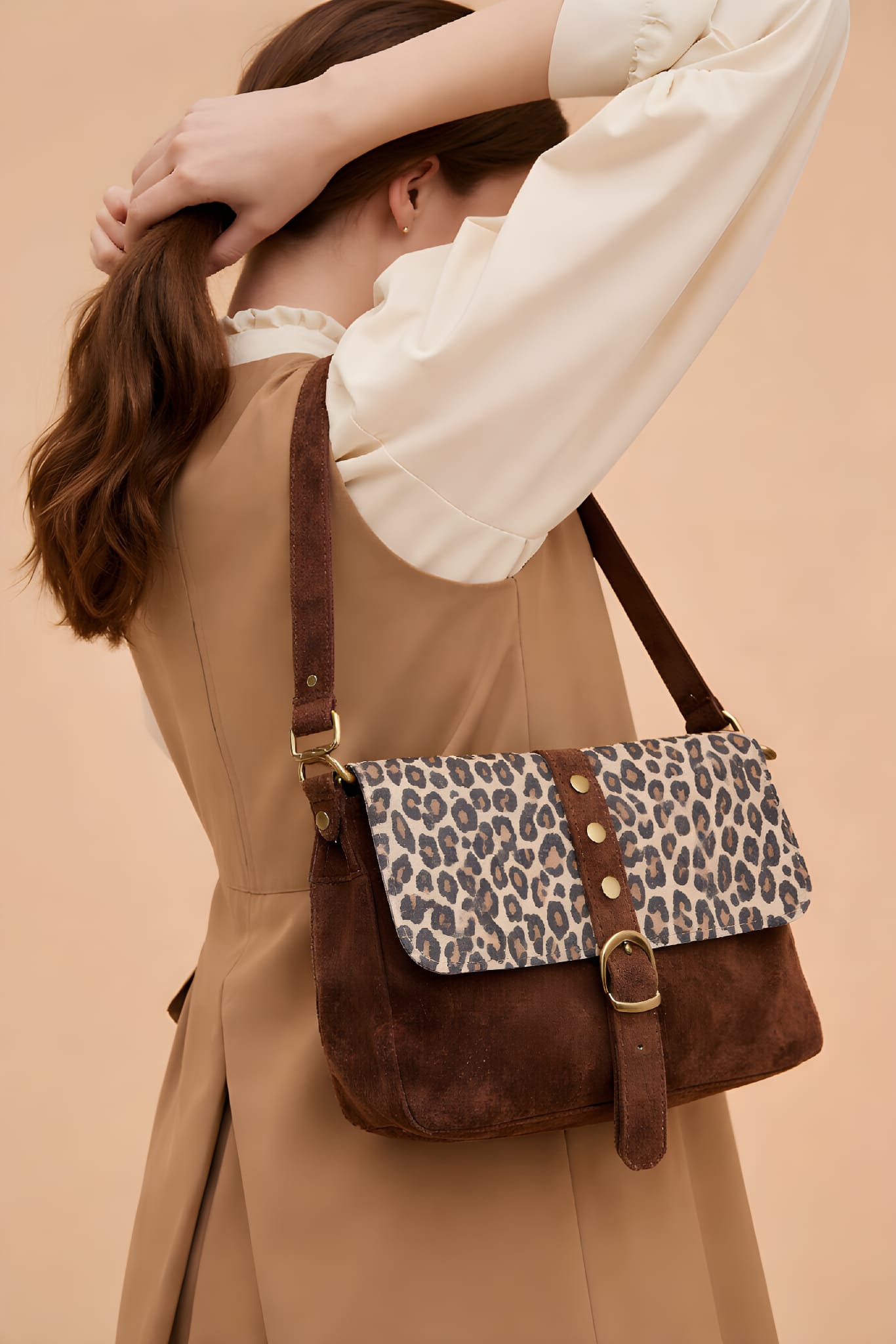 Sac bandoulière femme en cuir suédé 100 % italien – Motif léopard