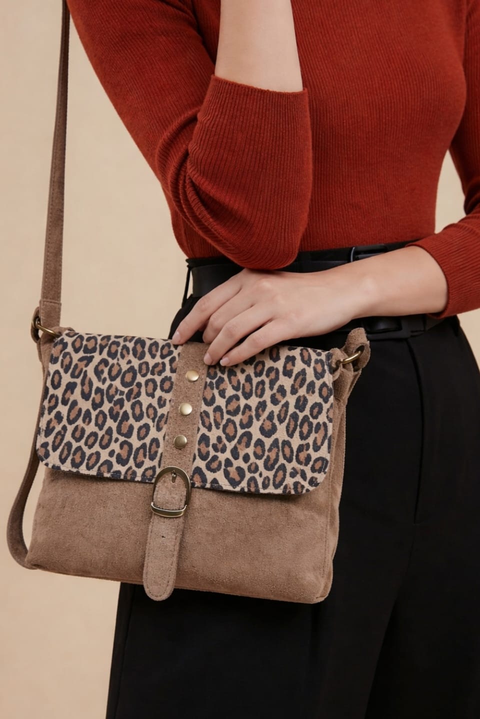 Sac bandoulière femme en cuir suédé 100 % italien – Motif léopard