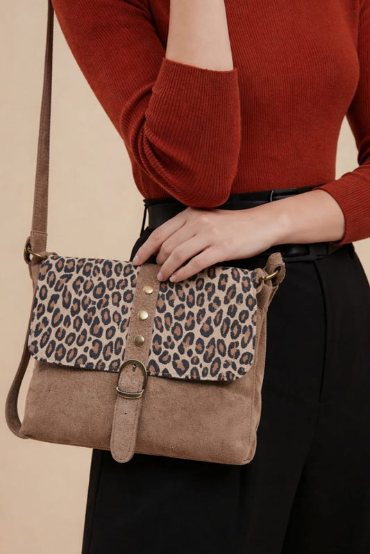 Sac bandoulière femme en cuir suédé 100 % italien – Motif léopard