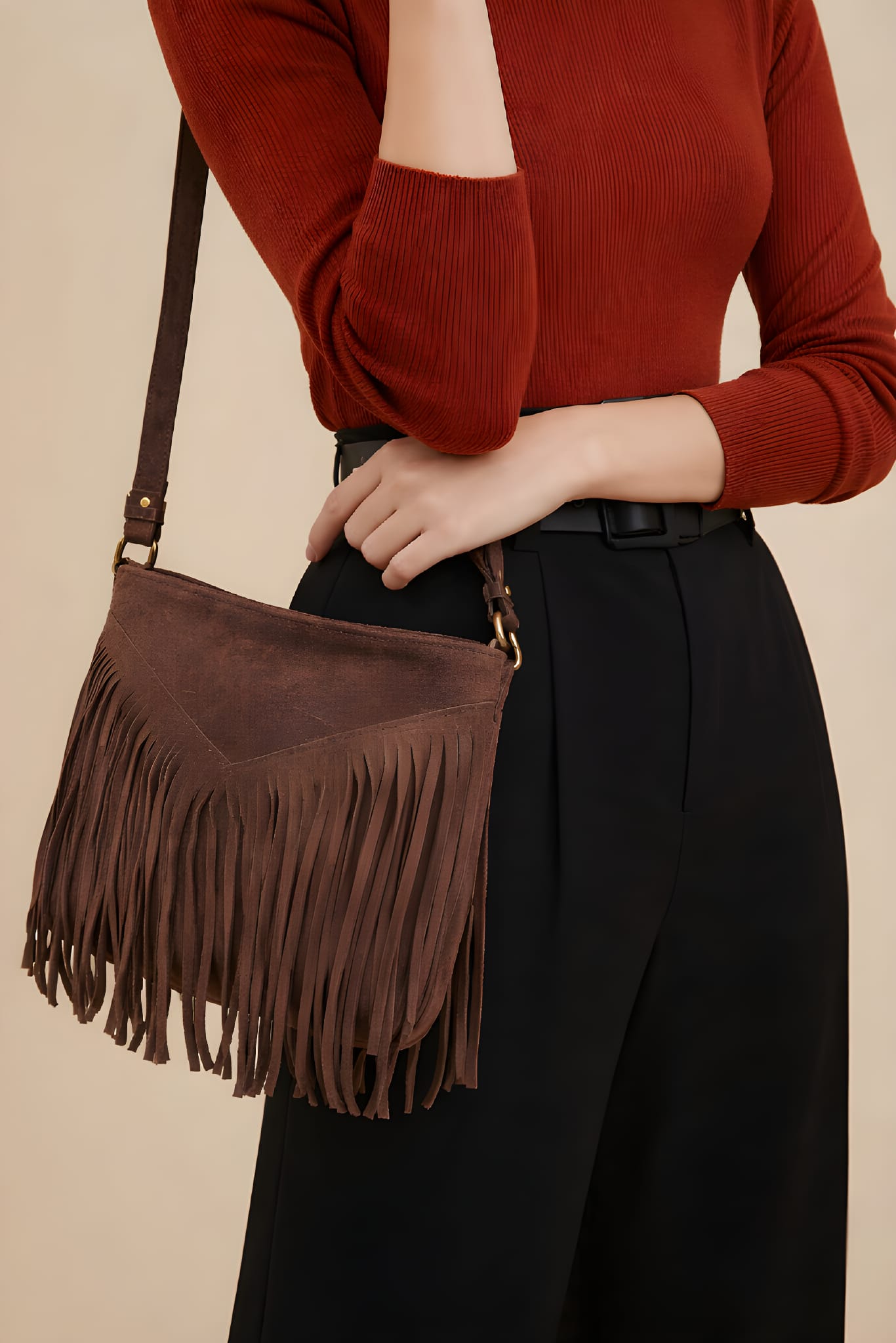 Sac bandoulière femme à franges en cuir suédé 100 % italien – Style bohème chic