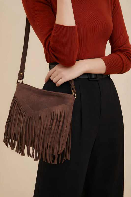 Sac bandoulière femme à franges en cuir suédé 100 % italien – Style bohème chic
