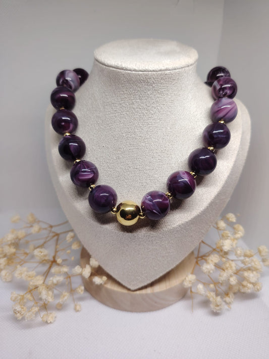 Collier perles violettes en acier inoxydable