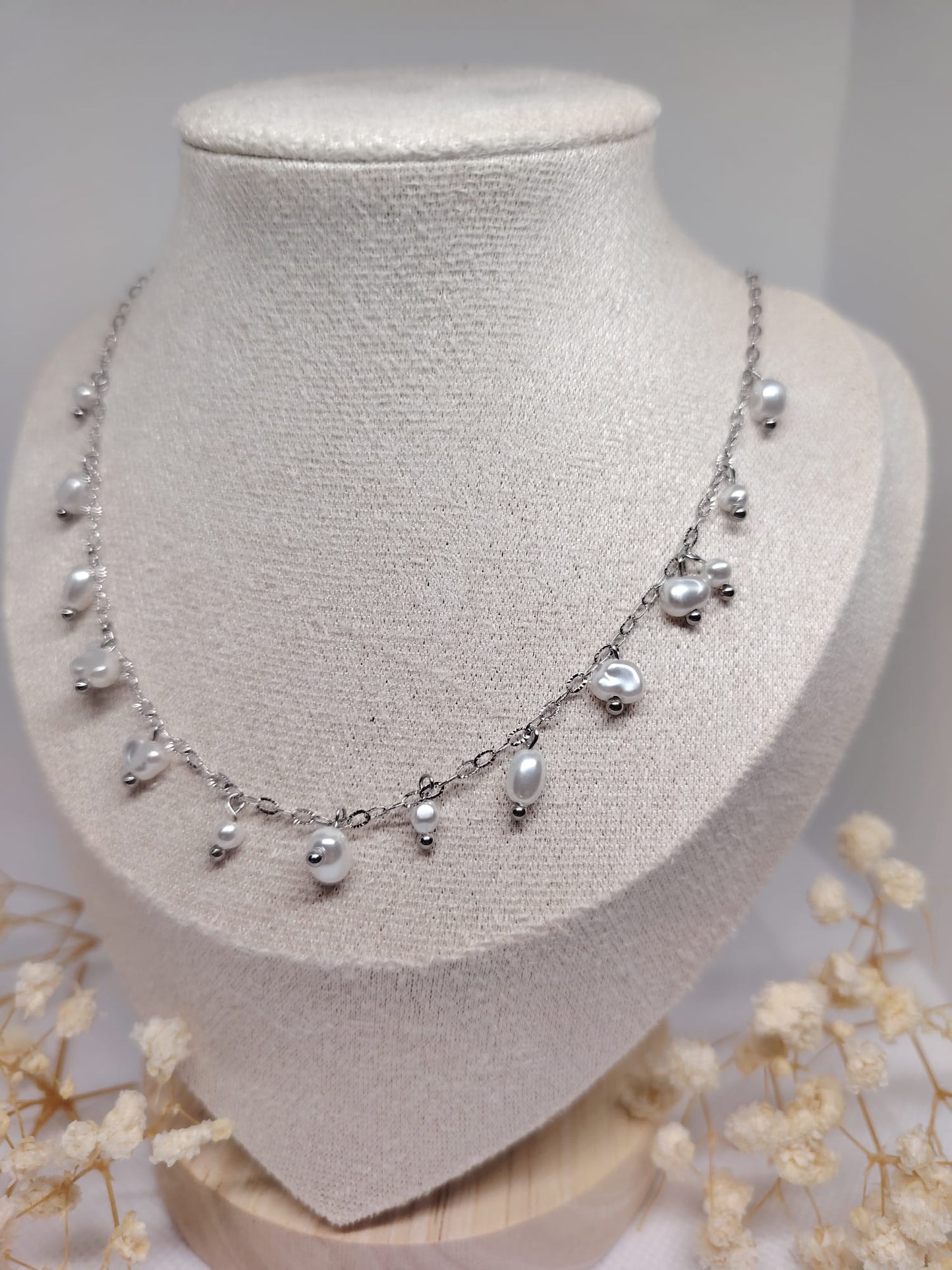 Collier Chaîne à Perles Pendantes – Acier Inoxydable Argenté