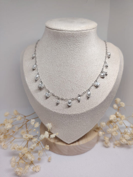 Collier Chaîne à Perles Pendantes – Acier Inoxydable Argenté